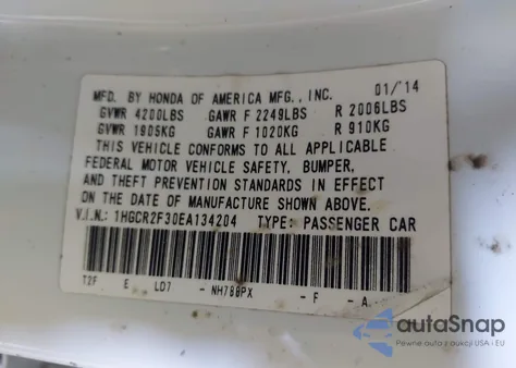 2014 Honda Accord Lx from USA, damaged, VIN 1HGCR2F30EA134204
